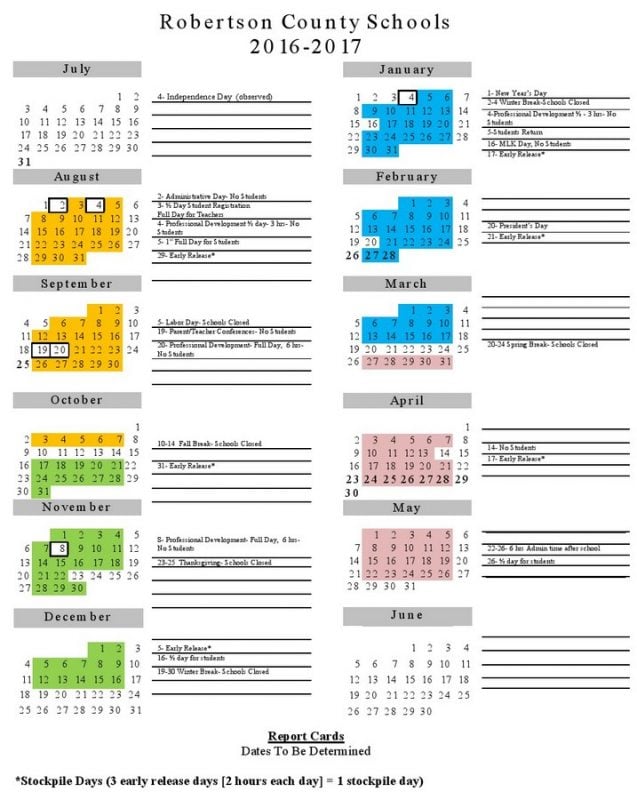 2016-2017 school calendar
