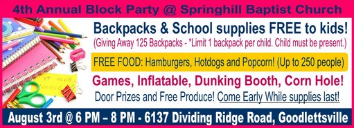 Springhill Baptist block party back to school 511