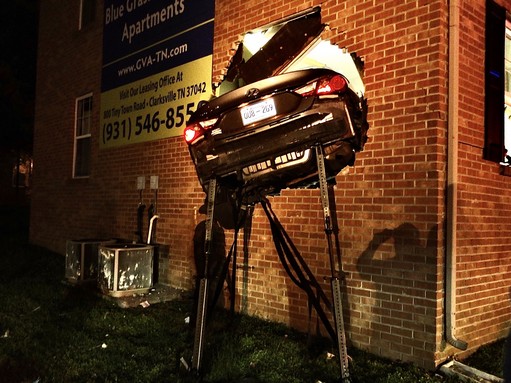 Car crashes into Grand View Apartments in Clarksville