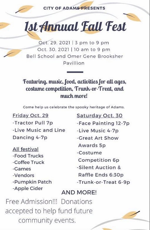 City Of Adams Presents The First Annual Fall Festival Smokey Barn News