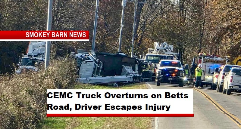 CEMC Truck Overturns on Betts Road, Driver Escapes Injury
